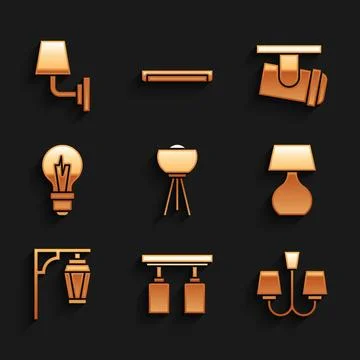 Set Floor lamp, Led track lights and lamps, Chandelier, Table, Vintage stre.. Stock Illustration