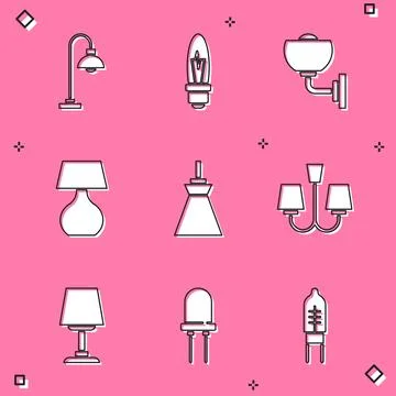 Set Floor lamp, Light bulb, Wall sconce, Table, Lamp hanging, Chandelier, and Stock Illustration