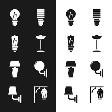 Set Floor lamp, Light bulb, LED light, Table, Wall sconce, Vintage street a.. Stock Illustration