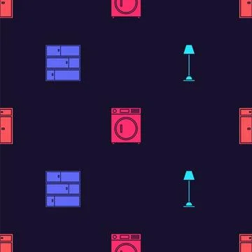 Set Floor lamp, Shelf, Washer and Wardrobe on seamless pattern. Vector 스톡 일러스트