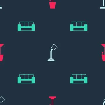 Set Floor lamp, Table and Sofa on seamless pattern. Vector Illustrazione stock