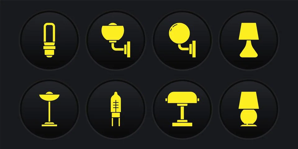 Set Floor lamp, Table, Light emitting diode, Wall sconce, and LED light bulb Stock Illustration