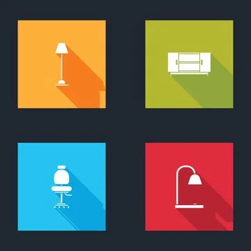 Set Floor lamp, TV table stand, Office chair and Table icon. Vector Illustrazione stock
