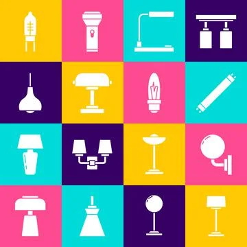 Set Floor lamp, Wall sconce, Fluorescent, Table, Lamp hanging, Light emitting Stock Illustration