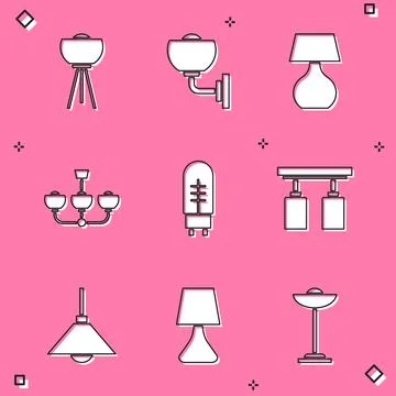 Set Floor lamp, Wall sconce, Table, Chandelier, Light emitting diode, Led track Stock Illustration