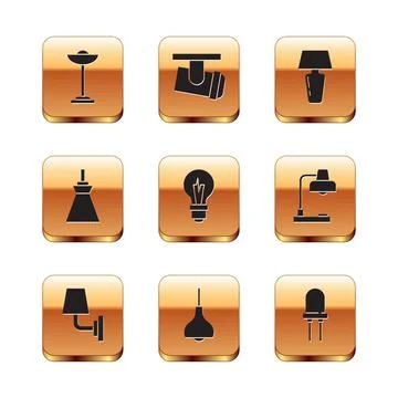 Set Floor lamp, Wall sconce, Lamp hanging, Light bulb, Table, emitting diode and Stock Illustration