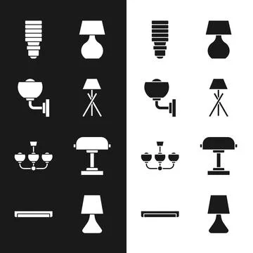 Set Floor lamp, Wall sconce, LED light bulb, Table, Chandelier, and Fluorescent Stock Illustration