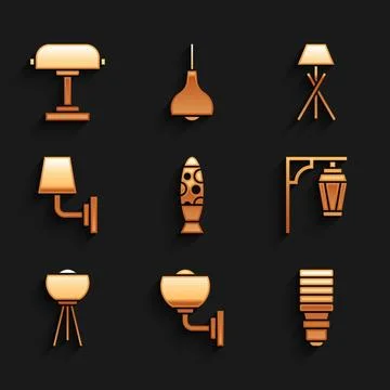 Set Floor lamp, Wall sconce, LED light bulb, Vintage street,  and Table ico.. Stock Illustration