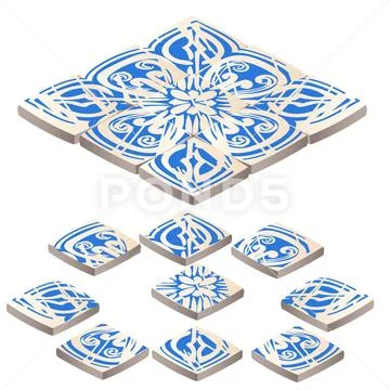 Set of floor tile with ornament blue color in the style of the frosty patterns Stock Illustration