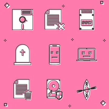 Set Floppy disk in the 5.25-inch, Delete file document, SSD card, Tombstone with Illustrazione stock