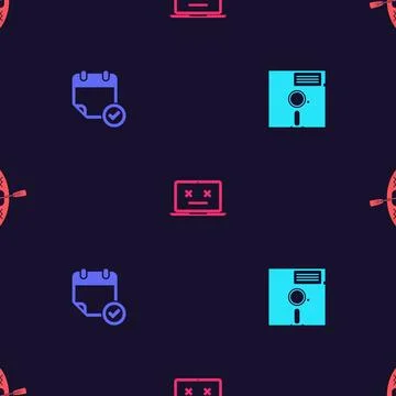 Set Floppy disk in the 5.25-inch, Calendar with check mark, Dead laptop and K Stock-Illustration