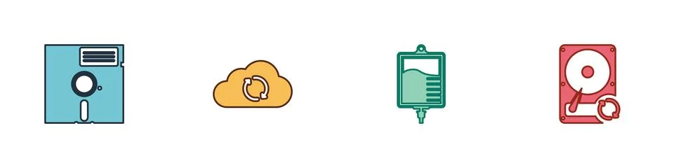 Set Floppy disk in the 5.25-inch, Cloud sync refresh, IV bag and Hard drive H Stock Illustration