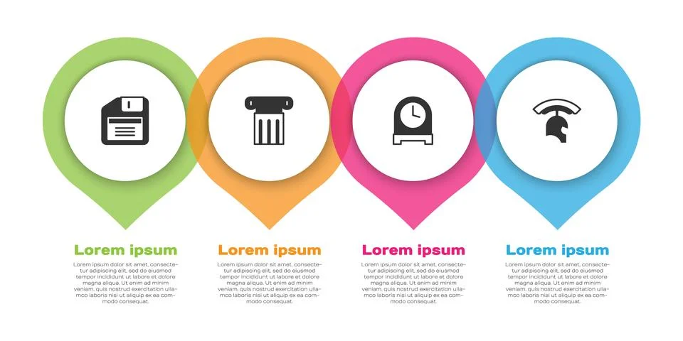 Set Floppy disk, Ancient column, Antique clock and Roman army helmet. Busin.. Ilustración de archivo