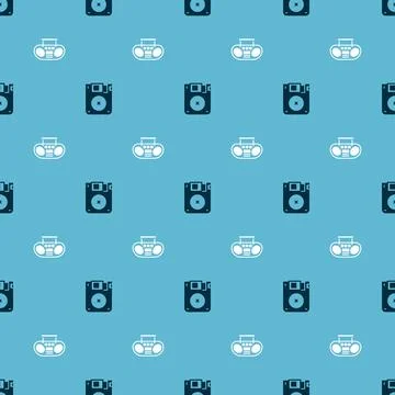Set Floppy disk and Home stereo with two speakers on seamless pattern. Vector 스톡 일러스트
