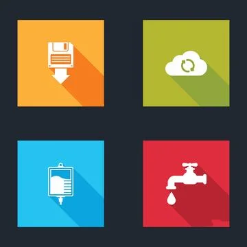 Set Floppy disk backup, Cloud sync refresh, IV bag and Water tap icon. Vector Illustrazione stock