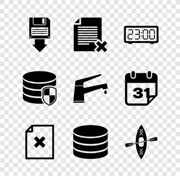 Set Floppy disk backup, Delete file document, Digital alarm clock, , Database Illustrazione stock