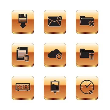 Set Floppy disk backup, Digital alarm clock, IV bag, Cloud sync refresh, Delete Stock Illustration
