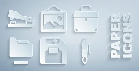 Set Floppy disk, Briefcase, Document folder, Fountain pen nib, Picture landscape Stock-Illustration