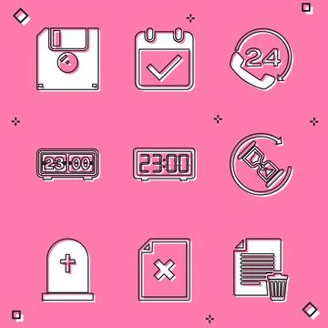 Set Floppy disk, Calendar with check mark, Telephone 24 hours support, Retro Illustrazione stock