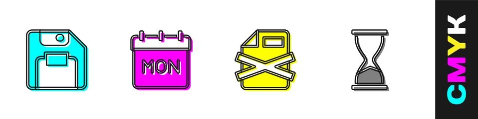 Set Floppy disk, Calendar, Delete file document and Old hourglass icon. Vector Stockillustratie