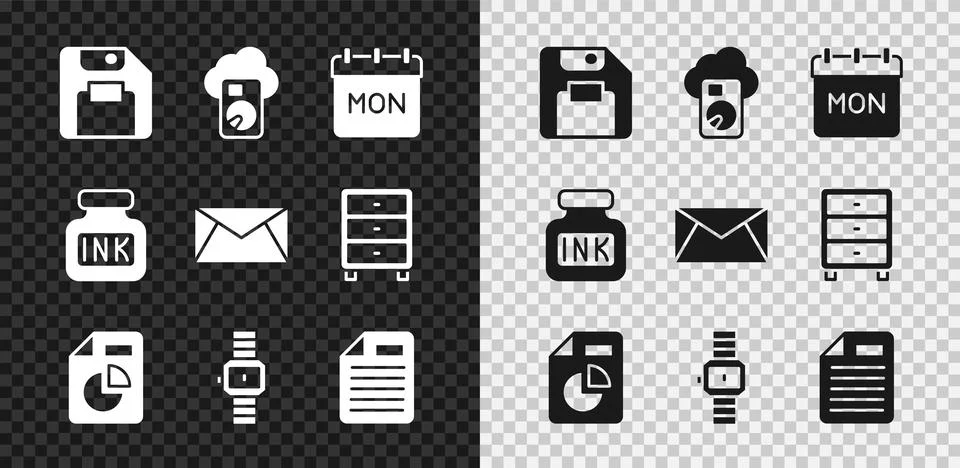 Set Floppy disk, Cloud database, Calendar, Document with graph chart, Wrist Stock Illustration