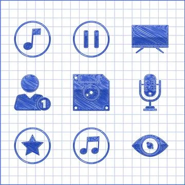 Set Floppy disk for computer data storage, Music note, tone, Eye, Microphone Illustrazione stock