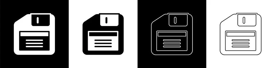 Set Floppy disk for computer data storage icon isolated on black and white ba Stock Illustration