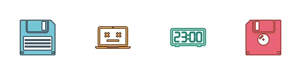 Set Floppy disk, Dead laptop, Digital alarm clock and icon. Vector Illustrazione stock