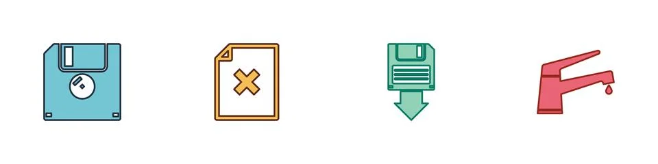 Set Floppy disk, Delete file document, backup and Water tap icon. Vector Stock Illustration