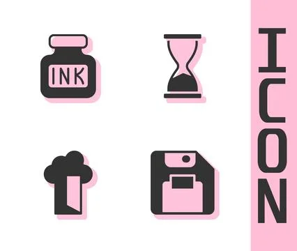 Set Floppy disk, Inkwell, Cloud database and Old hourglass icon. Vector Stock Illustration