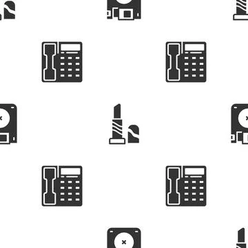 Set Floppy disk, Lipstick and Telephone handset on seamless pattern. Vector Stock Illustration