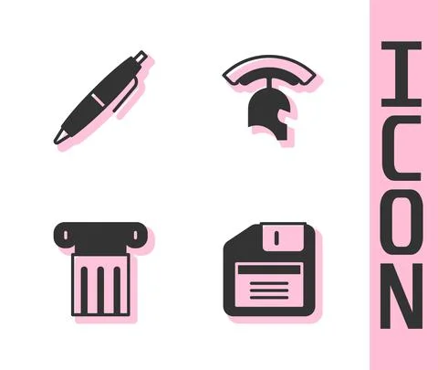 Set Floppy disk, Pen, Ancient column and Roman army helmet icon. Vector Stock Illustration