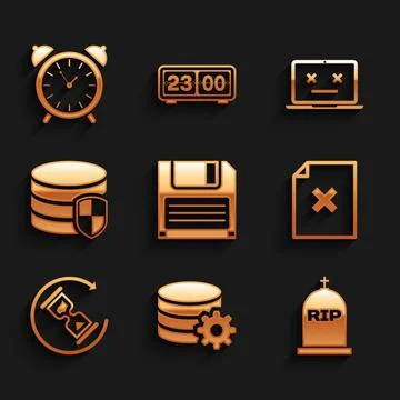 Set Floppy disk, Setting database server, Tombstone with RIP written, Delet.. Stockillustratie