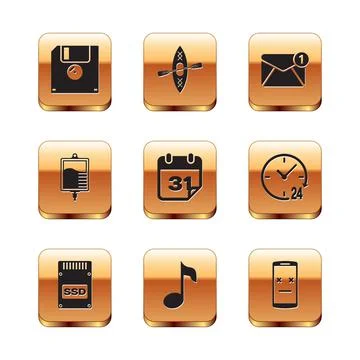 Set Floppy disk, SSD card, Music note, tone, Calendar, IV bag and New, email Illustrazione stock