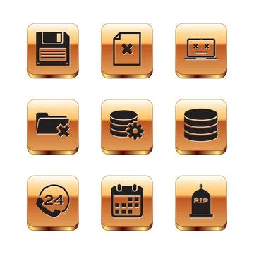 Set Floppy disk, Telephone 24 hours support, Calendar, Setting database server Stock Illustration