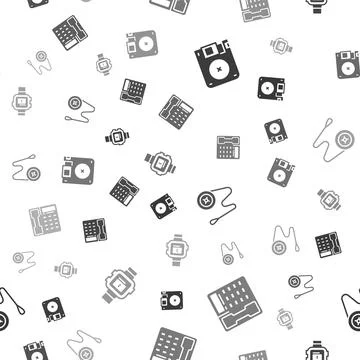 Set Floppy disk, Telephone handset, Yoyo toy and Wrist watch on seamless pattern 스톡 일러스트