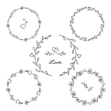 Set of floral circular frames. Graceful wreaths of wild flowers Stock Illustration