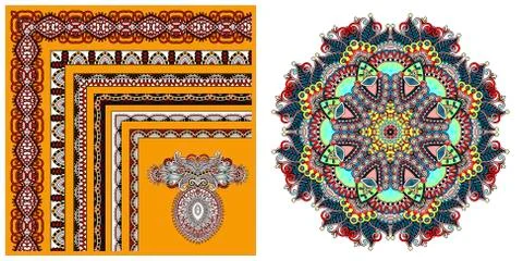 Set of floral corner and circle pattern to decorative frame desi Stock Illustration