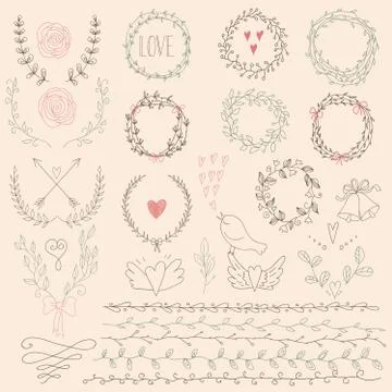 Set of Floral Design Elements. Wedding  set with arrows, hearts, laurel. Stock-Illustration