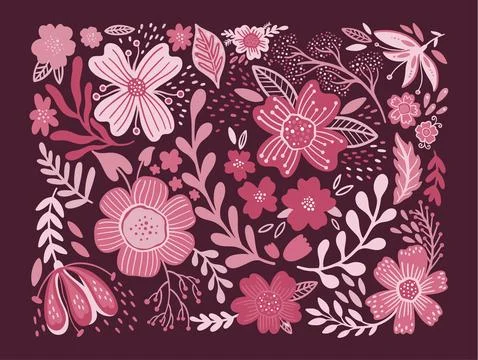 Set of floral elements folk style. In trendy 2023 colors Viva magenta. Stock Illustration