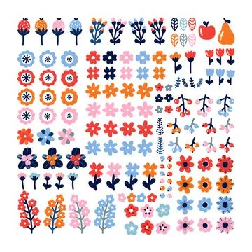 Set of floral elements. Hand drawn flowers, leaves, branches, berries and h.. Stock Illustration