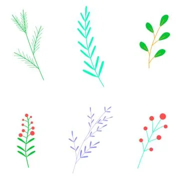 Set of floral elements. Vector cartoon illustrations of branches and plants. Stock Illustration