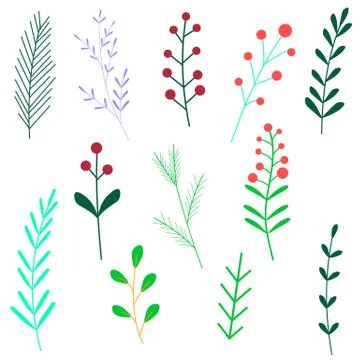 Set of floral elements. Vector cartoon plants. Isolated on white. Stock Illustration