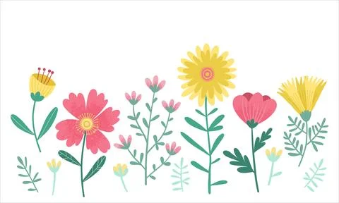Set of Floral Elements, Wild Flowers in Pink and Yellow with Copy Space on White Stock Illustration