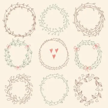 Set of Floral Frames. Vector romantic set of circle floral borders. Stock Illustration