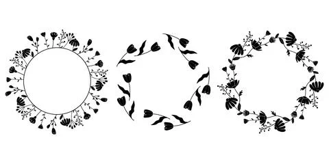 Set of floral frames on white isolated background, black and white silhouet.. Stock Illustration