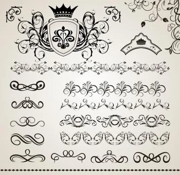 Set floral ornate design elements Stock Illustration