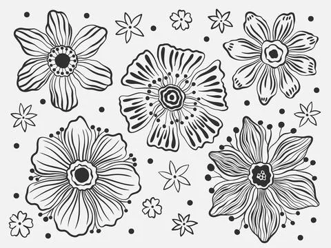 Set floral outline hand draw.Element black color in white background.Botanical Stock Illustration