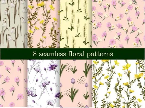 A set of floral patterns. Collection of delicate floristic designs. Small fie Stock Illustration
