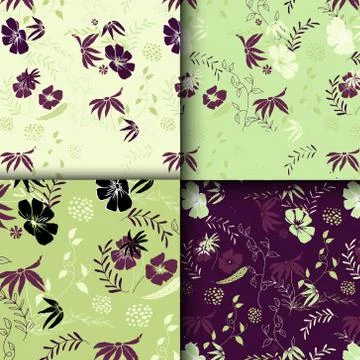 Set of floral patterns. Vector background with flowers and leaves. Stock Illustration